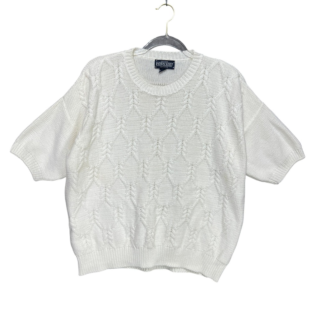VTG Lands End Womens XL White Short Sleeve Cable Chunky Knit Cotton Sweater USA